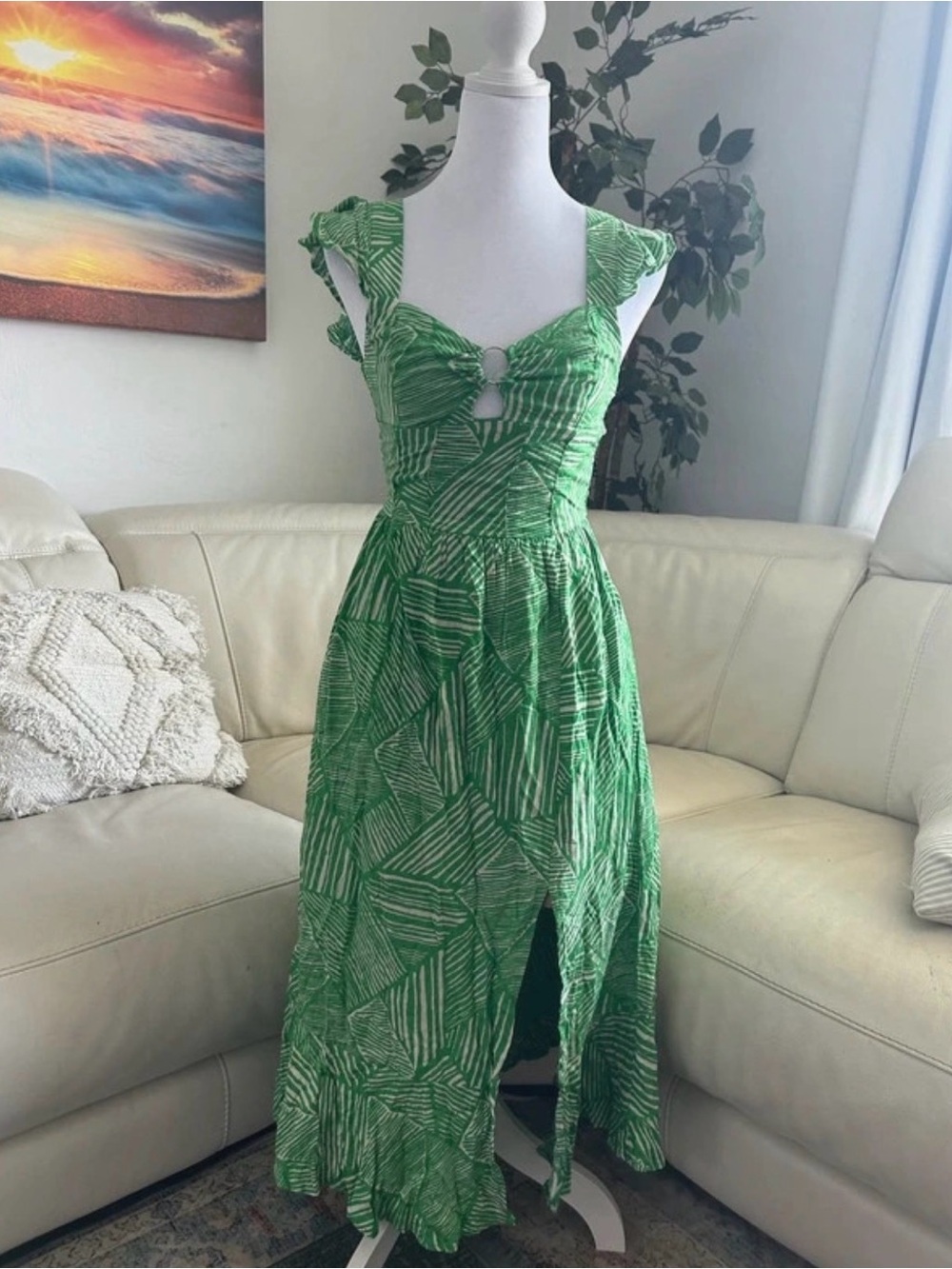 Green Printed Maxi Dress with Front Keyhole and Slit